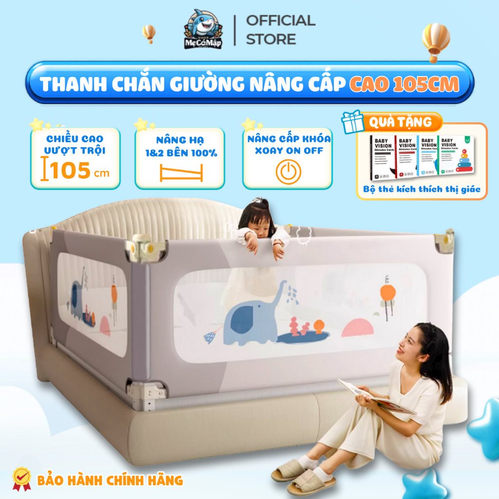 [NÂNG CẤP] Thanh Chắn Giường Cho Bé Pakey Cải Tiến Khóa Kép Cố Định, Nâng Hạ 1 Bên 2 Bên Dễ Dàng, Khung Cao 105cm