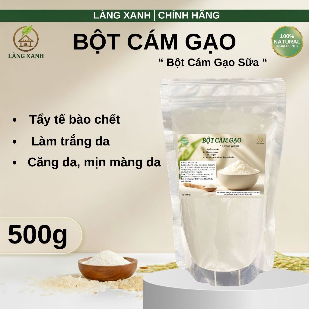 Bột Cám Gạo Làng Xanh Nguyên Chất Cám Gạo Sữa Mịn Dễ Pha Túi 500g Không Chất Bảo Quản Tự Nhiên