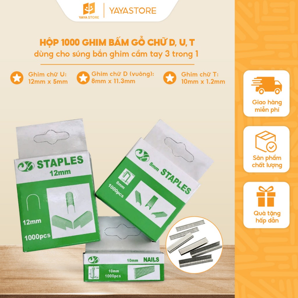 Hộp 1000 ghim bấm gỗ chữ D, U, T dùng cho súng bắn ghim cầm tay 3 trong 1 bấm gỗ, yên xe, bọc sofa