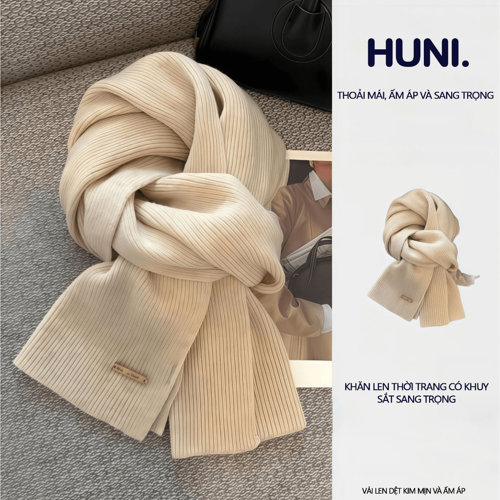 Khăn Len Dệt Kim HUNI Cho Nữ - Khăn Quàng Cổ Ấm Áp, Dày Dặn, Màu Trơn Đa Năng Thu Đông