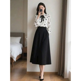 Sét đồ nữ thời trang công sở chân váy tuyết mưa có túi kèm áo sơ mi lụa dài tay,