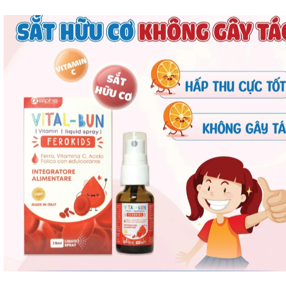 sắt xịt Vital -Bun dẻo kids bổ sung sắt cho trẻ sơ sinh và trẻ nhỏ.giảm tỉ lệ thiếu máu ở trẻ,trẻ ch