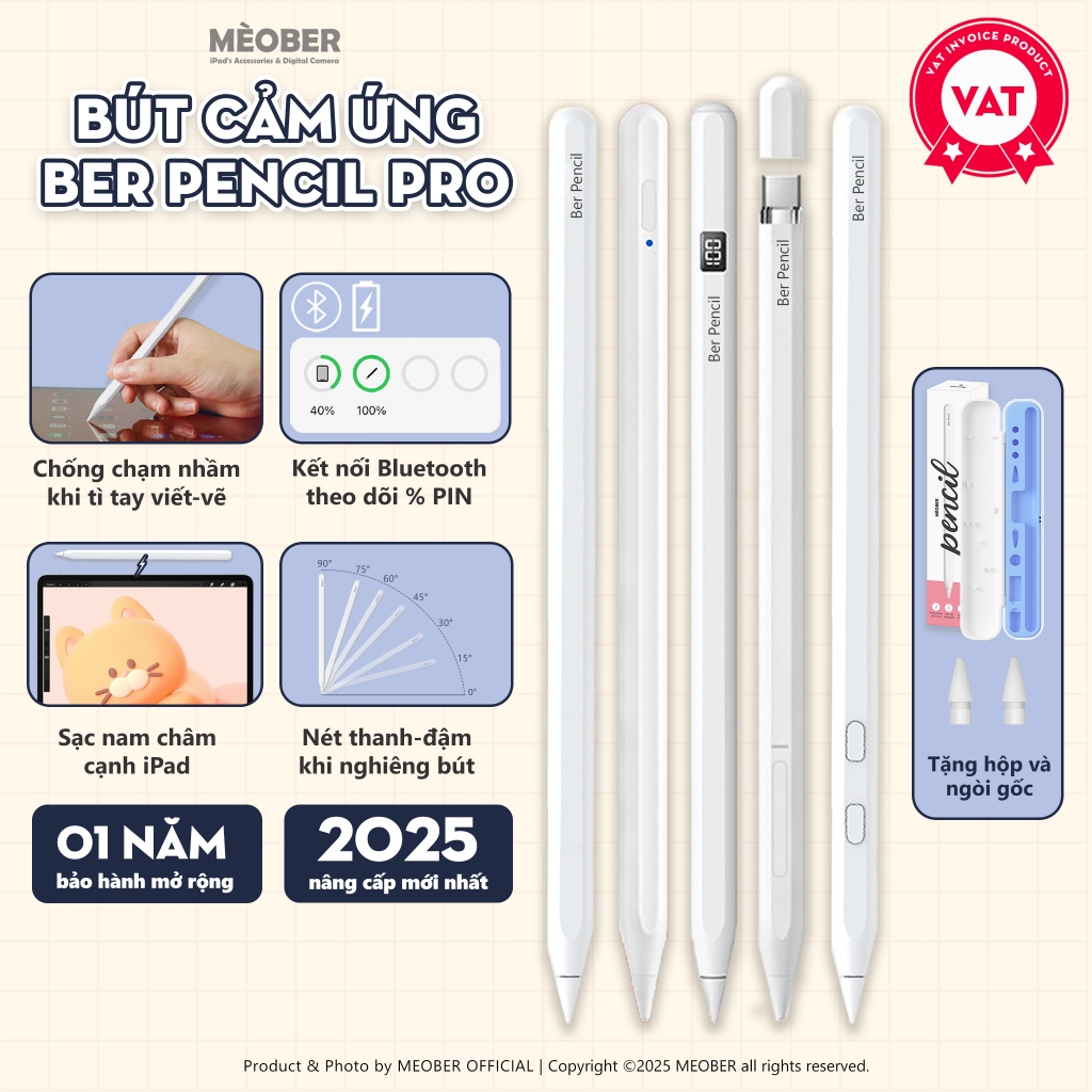Bút cảm ứng BerPencil Pro dành cho iPad - Chống chạm nhầm, chuyển chữ viết thành văn bản, sạc nam châm by MèoBer