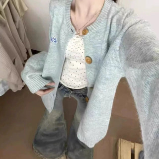  SẴN ẢNH THẬT Áo len cardigan màu xanh baby pastel dài tay dáng vừa thu đông ulzzang nữ sinh logo cá xấu cute cổ tròn 