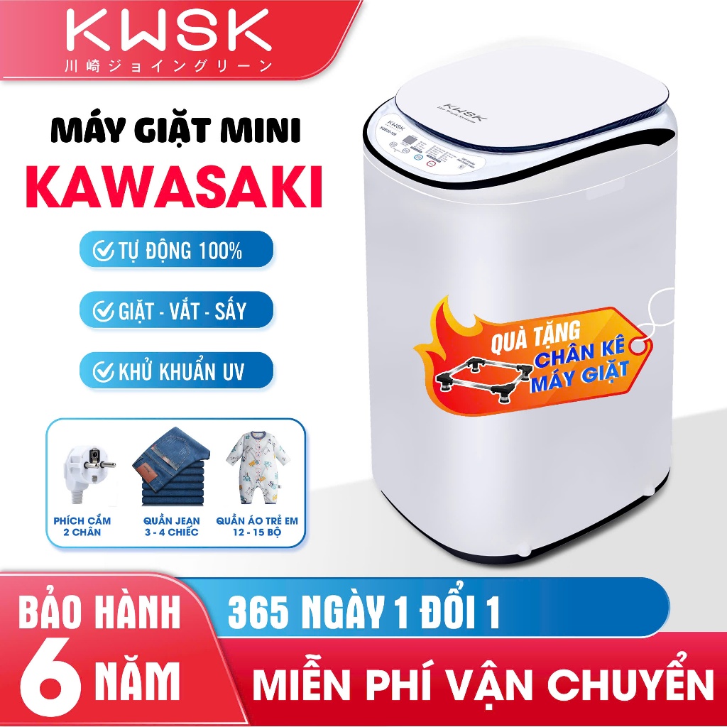 Máy giặt mini PVL - KAWASAKI Mặt kính cường lực, 5kg, giặt, vắt sấy, KT máy 42x45x75cm , KT lòng máy