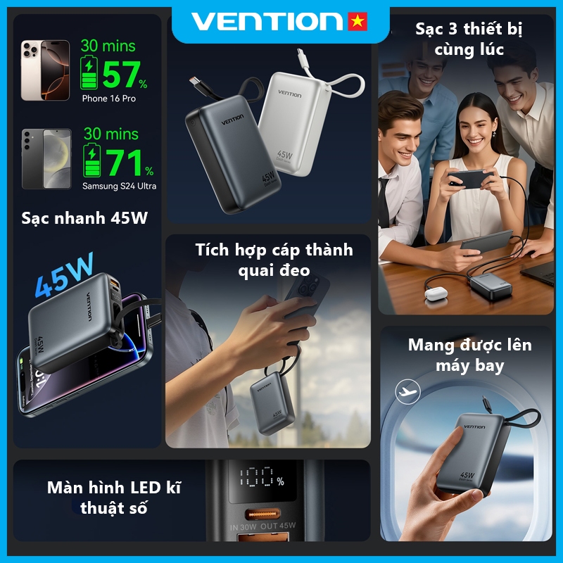 Sạc Dự Phòng 20000mAh 45W Vention PD3.0 Tốc Độ Cao,Thiết Kế Nhỏ Gọn, Tích Hợp Dây Type-C, Cho Điện Thoại,Tai Nghe,Tablet | BigBuy360 - bigbuy360.vn