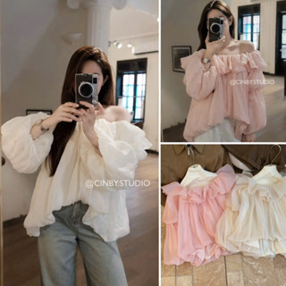  l Hàng đẹp có sẵn  Áo trễ vai tơ bèo dáng bí tay bồng HỒNG KEM ngọt ngào MIMOSA 
