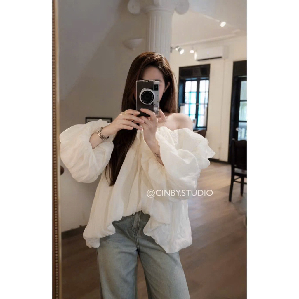 l[Hàng đẹp có sẵn] Áo trễ vai tơ bèo dáng bí tay bồng HỒNG/KEM ngọt ngào MIMOSA | BigBuy360 - bigbuy360.vn