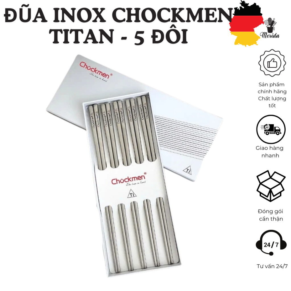 Bộ 5 đôi đũa inox, đũa inox kháng khuẩn, đũa inox CHOCKMEN, đũa inox titan, đũa inox chống trơn