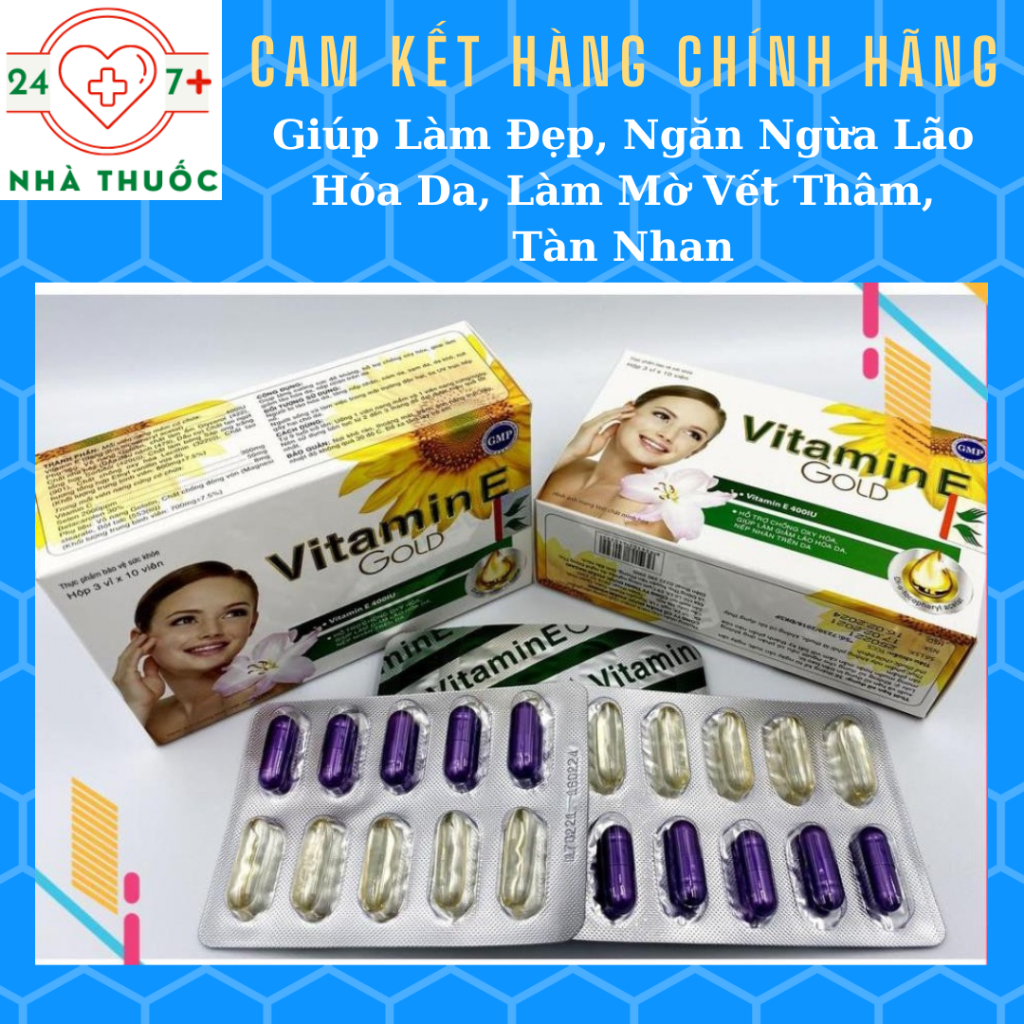 Vitamin E Gold Vshine [Hộp 30v, HSD 2028] - Hỗ Trợ Làm Đẹp Da, Giảm Thâm Nám, Tàn Nhan