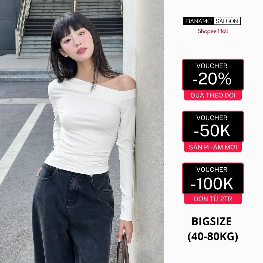 Áo nữ BIGSIZE Banamo Sài Gòn áo thun lệch vai nhún eo cá tính năng động 3111