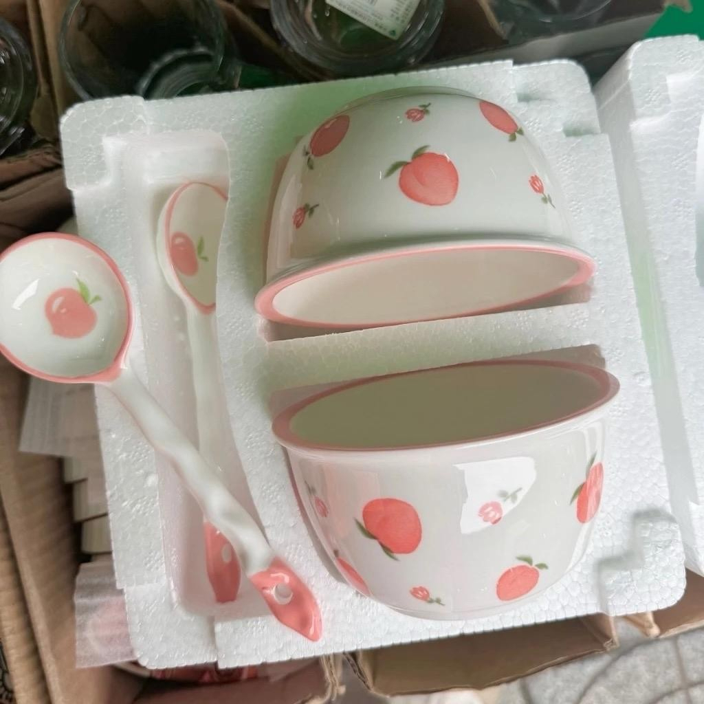 Set 2 Bát 2 Thìa Bằng Sứ Hình Quả Đào, Set 2 Bát 2 Thìa Ăn Dặm Cho Bé Kem Chén