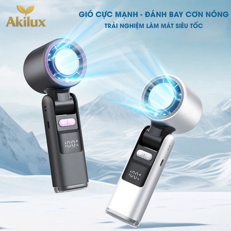Quạt cầm tay turbo chính hãng Akilux bản 2025,tốc độ gió siêu mạnh,pin 5000 mah có chế độ nén lạnh gập 180 độ