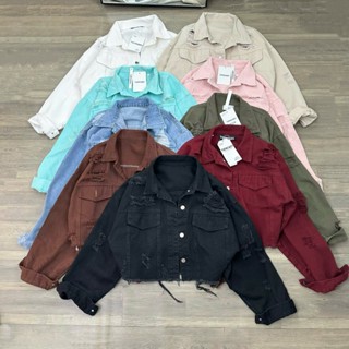 TIENSTYLE _ Áo Khoác Jean Nữ Rách Rrotop Tua Lai Tay Rộng cá tính Bigsize 39-65kg (Video,Ảnh thật)