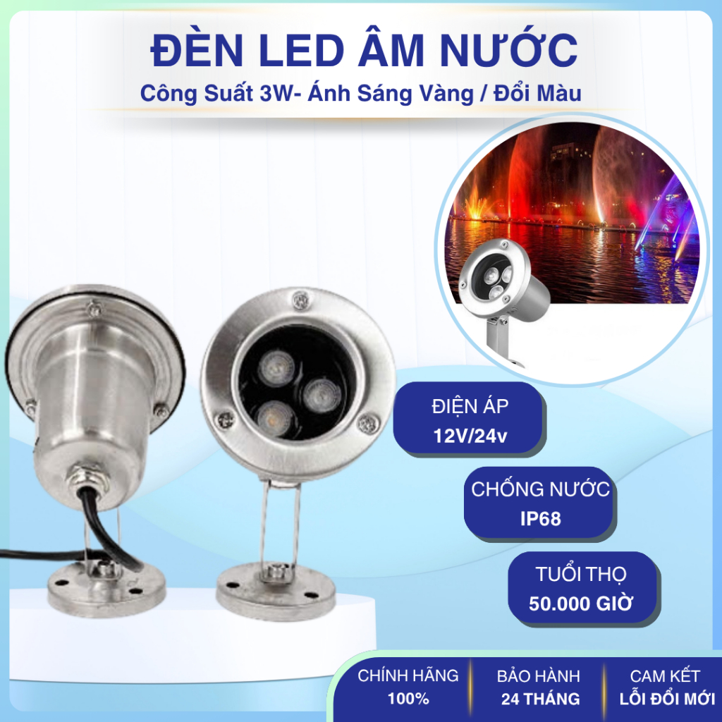 Đèn LED âm nước có đế 3w đổi màu 12VAC/24VAC Trang trí đài phun nước, hồ bơi, bể tiểu cảnh hòn non bộ sân vườn công viên