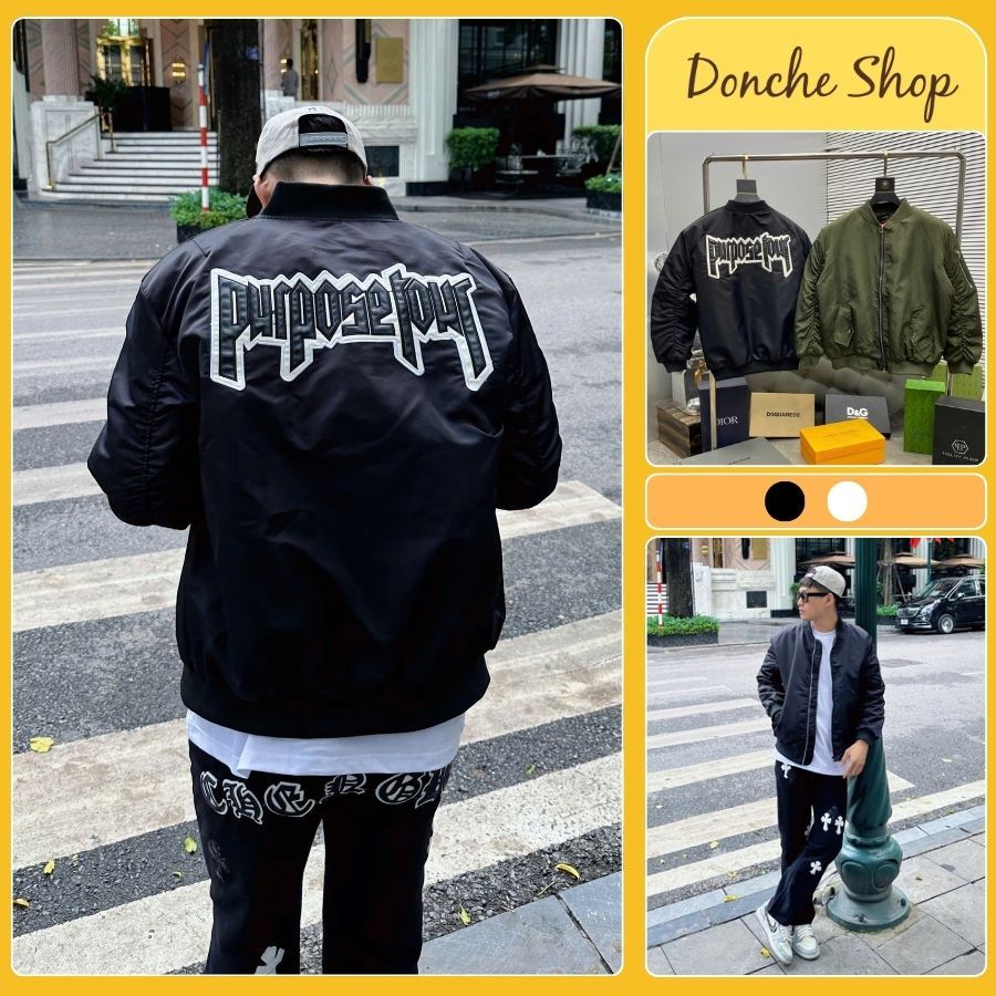 Áo Khoác Purpose Tour Thêu Chữ Mặt Sau Tay Phồng Siêu Đẹp - Áo Bomber Nam Nữ Purpose Chất Gió 208