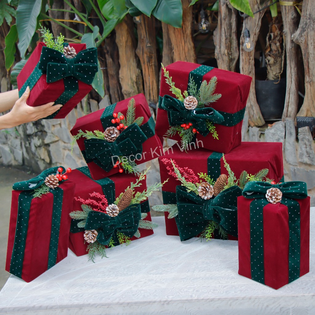 Set Vật Liệu Làm Hộp Quà Giáng Sinh Nhung Đỏ SETQUA10 Hộp Quà Noel Trang Trí Giáng Sinh