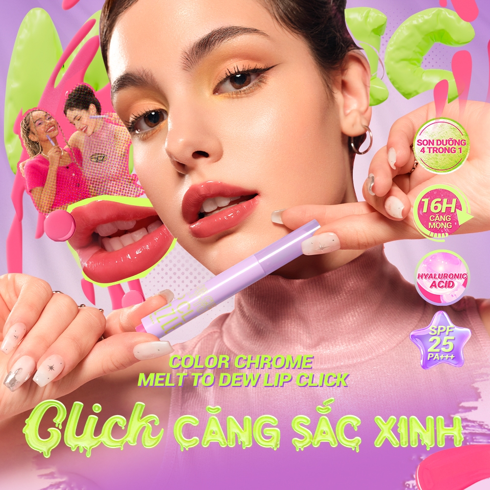 [VHL x DAZZLE ME] COMBO 02 Son môi 4-in-1 DAZZLE ME Color Chrome Melt to Dew Lip Click dưỡng ẩm chốn