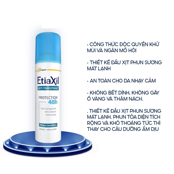 Etiaxil Xịt khử mùi Anti - Transpirant Protection 48h Peaux Sensibles Aérosol - Sans Alcool 150ml