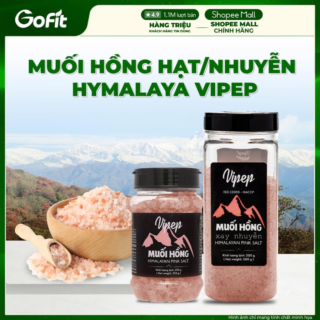 Muối hồng Vipep xuất xứ Himalaya chuyên dùng sơ chế món ăn, nguyên hạt và xay nhuyễn 200g/250g/500g