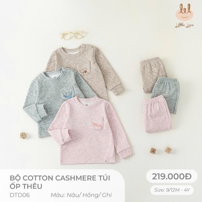 Bộ dài tay coton cashmere túi ốp thêu dành cho bé Lil Little Love (DTD06)