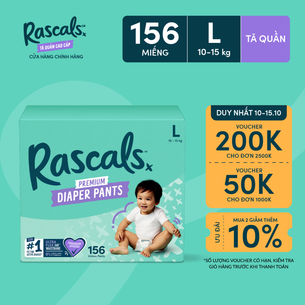 Thùng Tã/Bỉm Quần Rascals Size L (10-15kg) 156 miếng