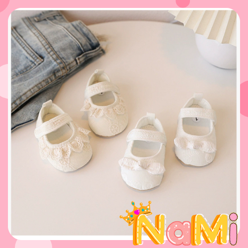 Giày tập đi công chúa, giày búp bê vải nơ ren màu trắng tiểu thư cho trẻ sơ sinh đến 1 tuổi NAMIBABY