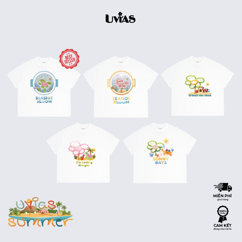  Áo thun Big Boxy Tay Ngắn UVIAS SUMMER COLLECTION - Seas the day! Nam-Nữ 100% Cotton Cao Cấp 