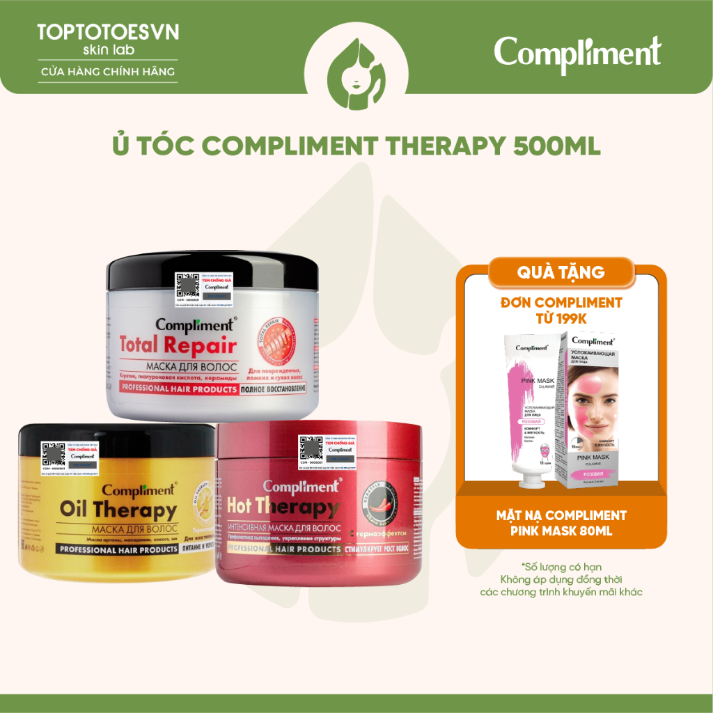 [HÀNG NHẬP KHẨU] Ủ phục hồi, dưỡng tóc chắc khỏe, bóng mượt, bồng bềnh, kích mọc tóc Compliment Therapy 500ml