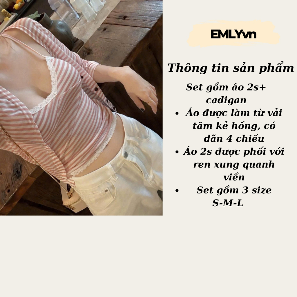 EMLYvn - Set Áo 2s Kèm Cardigan Mỏng Kẻ Hồng Nữ Tính, Áo Cadigan kẻ Co Giãn 4 Chiều Siêu Xinh, Dễ Thương | BigBuy360 - bigbuy360.vn