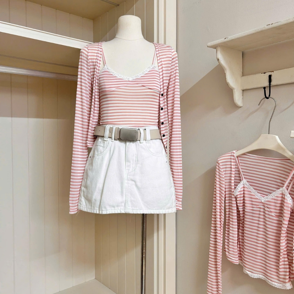 EMLYvn - Set Áo 2s Kèm Cardigan Mỏng Kẻ Hồng Nữ Tính, Áo Cadigan kẻ Co Giãn 4 Chiều Siêu Xinh, Dễ Thương | BigBuy360 - bigbuy360.vn