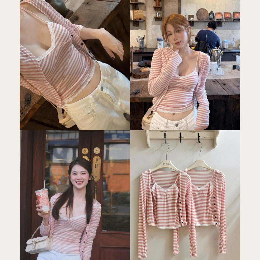 EMLYvn - Set Áo 2s Kèm Cardigan Mỏng Kẻ Hồng Nữ Tính, Áo Cadigan kẻ Co Giãn 4 Chiều Siêu Xinh, Dễ Thương | BigBuy360 - bigbuy360.vn