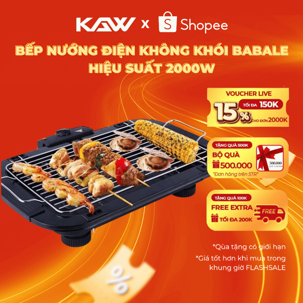 Bếp Nướng Điện BABALE Nướng Không Khói Hiệu Suất 2000W Nướng Siêu Ngon