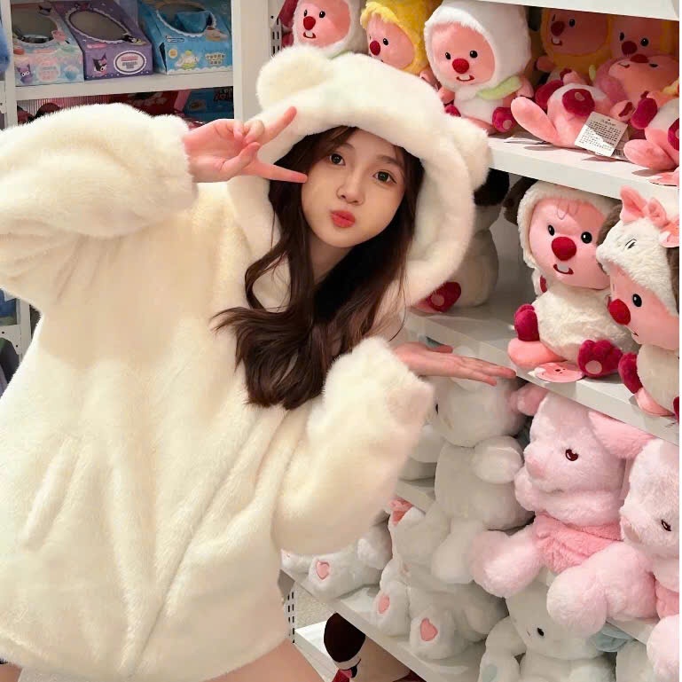 🔥Áo khoác Nữ lông thỏ tai gấu mượt mà dày dặn ấm áp, Áo lông gấu mũ trùm đầu dễ thương trắng