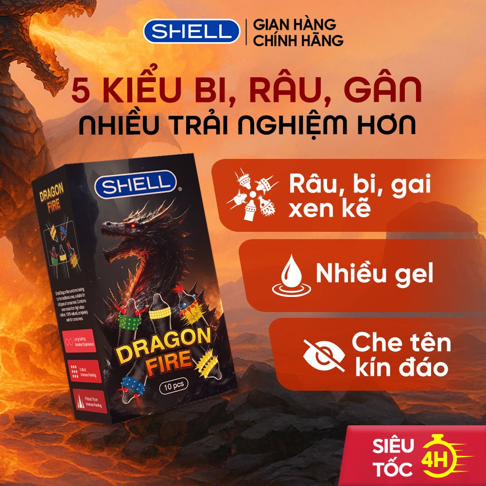 Bao cao su Shell Dragon Fire - Hộp 5 bao gai, bi nổi lớn + 5 bao Shell Performax (Hộp 10 cái) | SHELL CHÍNH HÃNG