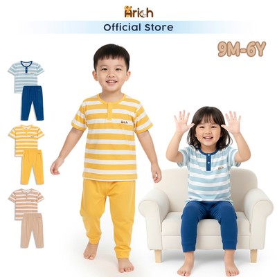 Bộ áo cộc quần dài cho bé, thương hiệu Arich, petit vải sợi tre cổ trụ, in sọc ngang, đồ bộ cho bé trai bé gái 9M-6Y