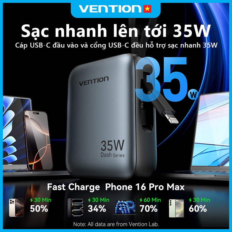 Sạc Dự Phòng 10000mAh 35W Vention Tích Hợp Cáp USB-C & Light Hỗ Trợ PD Thiết Kế Nhỏ Gọn Dễ Mang Theo | BigBuy360 - bigbuy360.vn