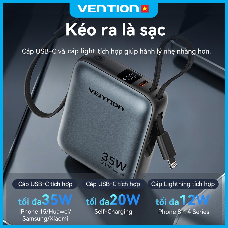 Sạc Dự Phòng 10000mAh 35W Vention Tích Hợp Cáp USB-C & Light Hỗ Trợ PD Thiết Kế Nhỏ Gọn Dễ Mang Theo | BigBuy360 - bigbuy360.vn