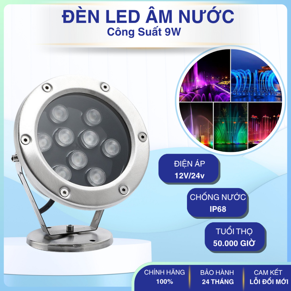 Đèn LED âm nước có đế 9w đổi màu 24VAC IP68 chiếu sáng bể cá, hồ bơi, đài phun nước tiểu cảnh hòn non bộ sân vườn