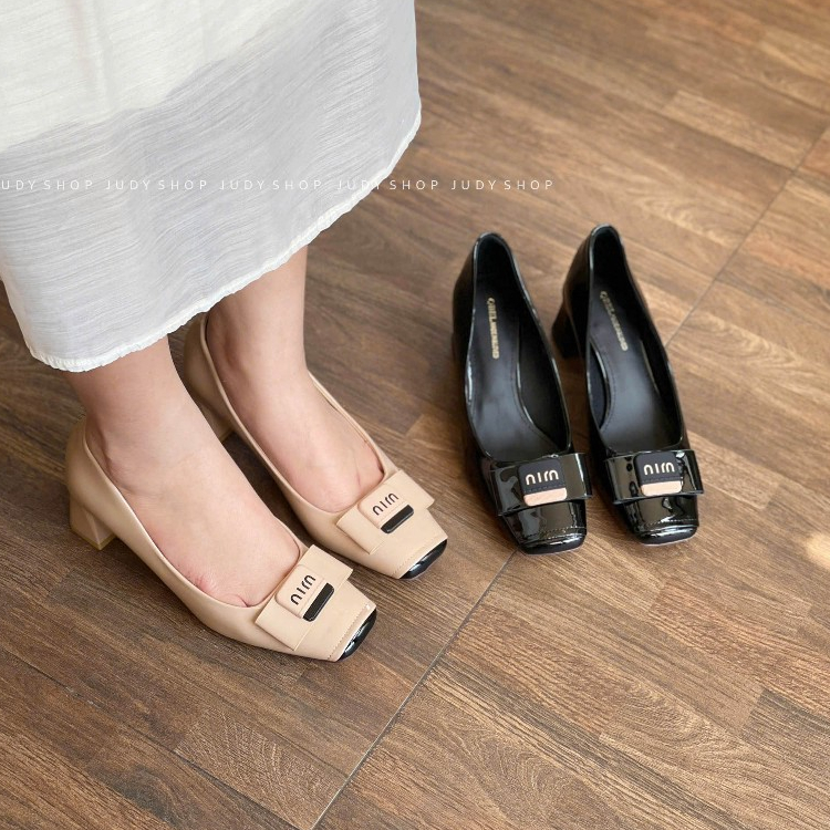 Giày Judy- Giày Nữ Cao Cấp- Giày Gót Vuông QBEL Mũi Vuông Da Bóng Mềm Nơ MIN 6p QCCC Fullbox