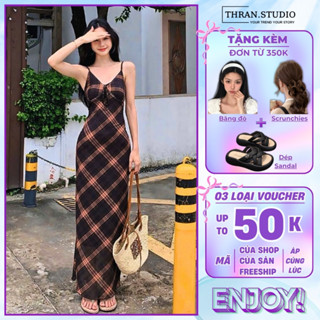 [Bán Chạy] Váy đi biển Thran.Studio Váy body dáng dài hai lớp co dãn hoạ tiết kẻ caro Đầm 2 dây gợi cảm đi chơi đi tiệc