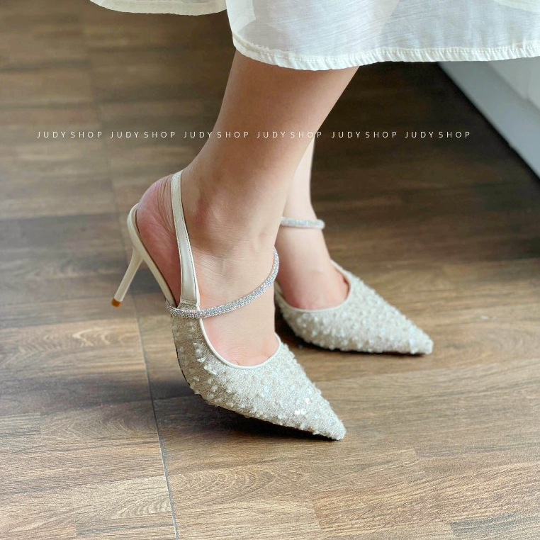 Giày Judy- Giày Nữ Cao Cấp- Slingback QBEL Da Mềm Phối Vải 9p QCCC Fullbox