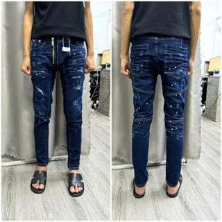 Quần jean nam DSQ2 xanh đậm bo gân xước rách khoá lệch Menswear Pants Nam