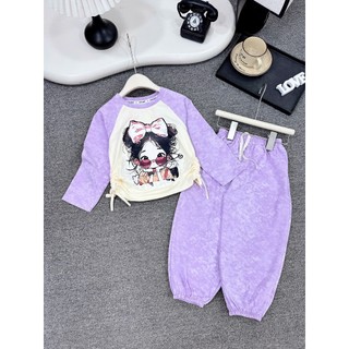  Bộ đồ thu đông cho bé gái set cô bé tóc xù áo rút eo điệu đà tay in loang xin xò quần bo gấu bé 18-30kg Tina Kids 