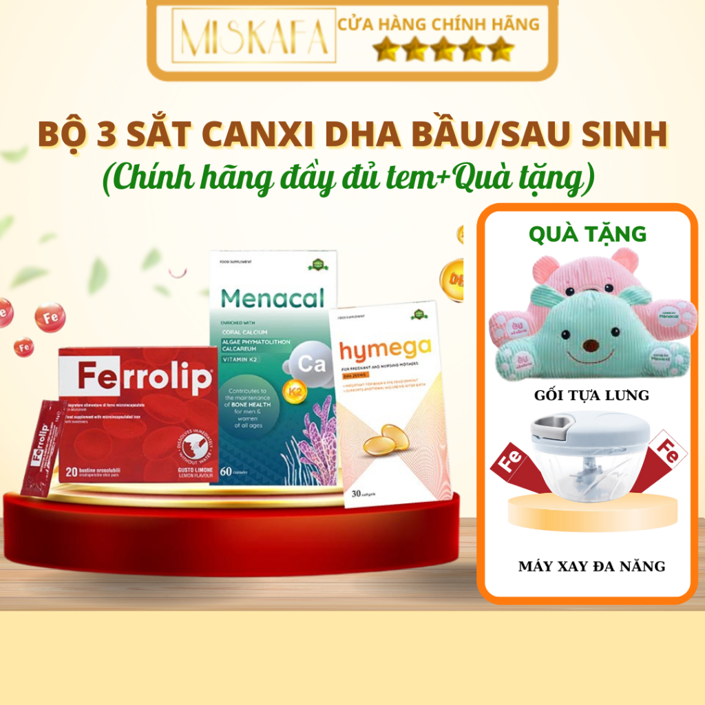 Bộ 3 vi chất cho mẹ bầu và sau sinh - sắt Ferrolip, canxi Menacal, DHA Hymega -Bổ sung Sắt Canxi DHA