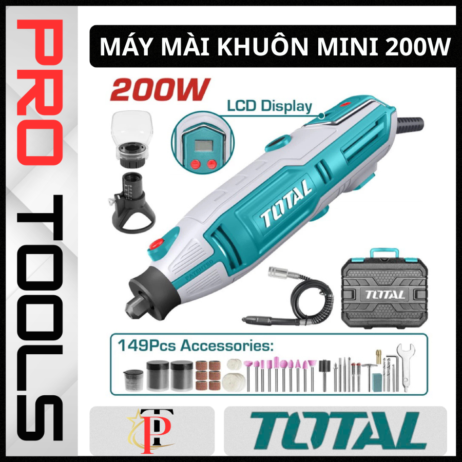 Máy Mài Khuôn Mini TOTAL TG2006 200W, Màn Hình LCD, Tốc Độ 40000rpm, Kèm 149 Linh Kiện Hộp BMC