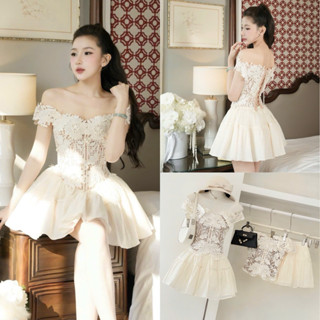  Set Áo Ren Hoa Đục Lỗ Trễ Vai Tùng Voan Tơ Dáng Xoè Tôn Dáng Sang Chảnh 