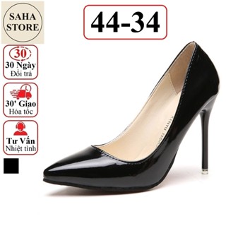 Giày nữ cao gót 10cm 7cm SAHA290 guốc bigsize 44 43 42 41 size nhỏ 34 35 đen da bóng trơn basic cỡ to đại big size lớn