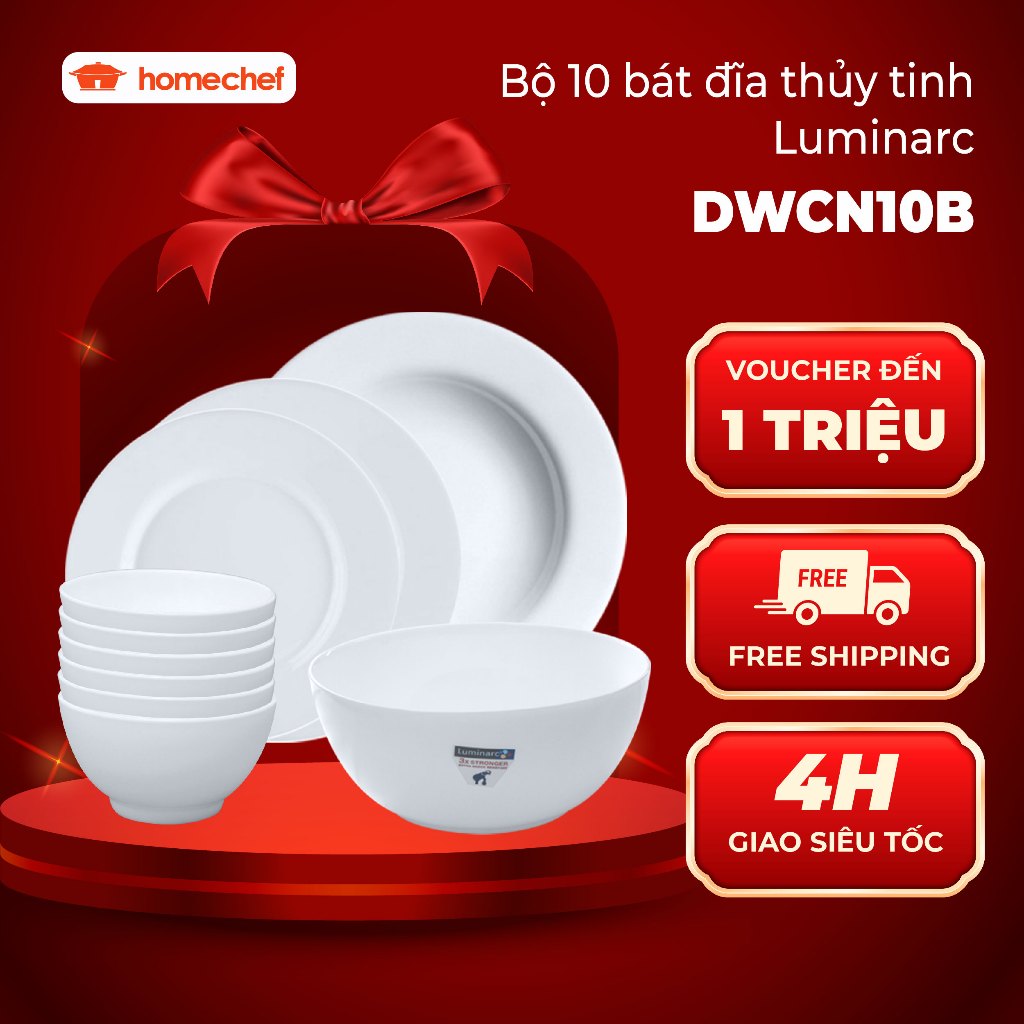 Bộ bát đĩa (bộ tô, chén, dĩa) thủy tinh Luminarc Diwali 10 CT - DWCN10B