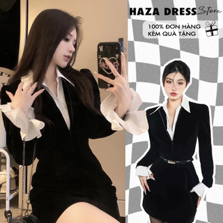 [Sẵn] Váy dài tay tiểu thư body cổ sơ mi trắng kéo khóa - DSM01